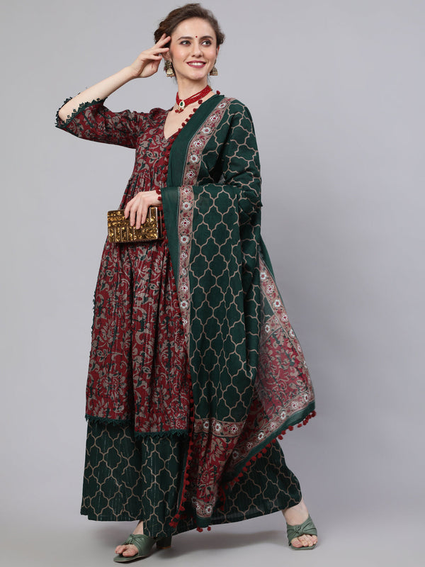 Women's Maroon Floral Print Kurta Palazzo With Dupatta - Aks