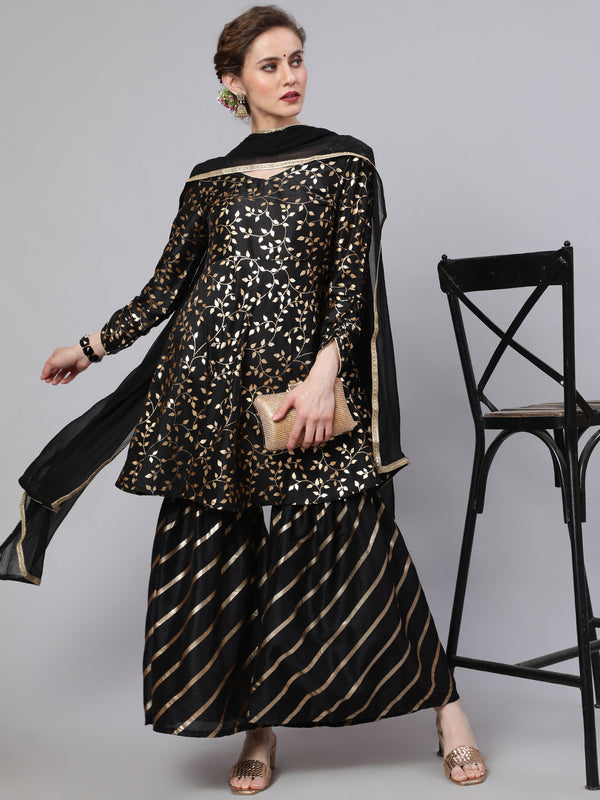 Women's Black Foil Print Kurta Sharara With Dupatta - Aks