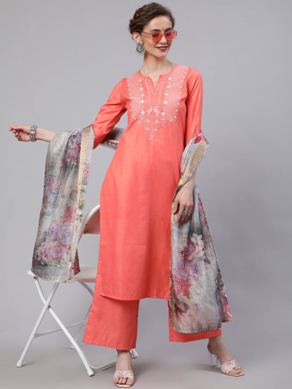 Women's Peach Embroidered Kurta Palazzo With Dupatta - Aks