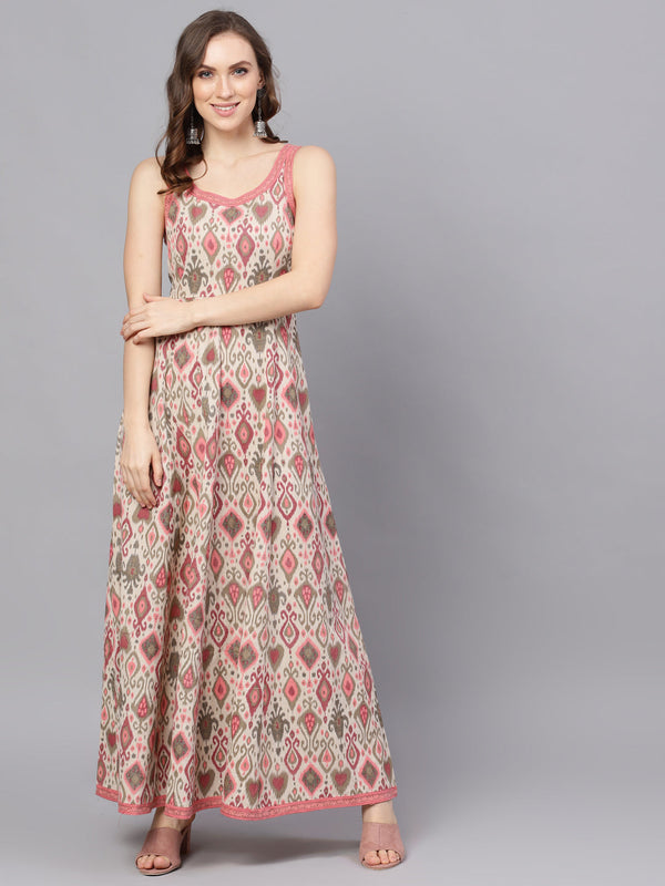 Women's Cream Printed Sleevless Maxi Dress - Aks