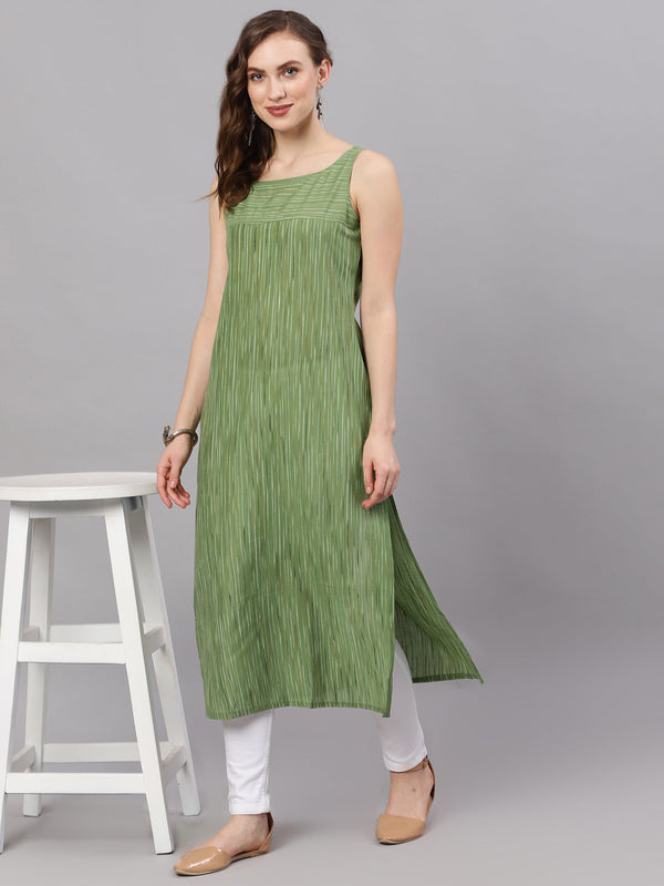 Women's Green Striped Sleeveless Straight Kurta - Aks