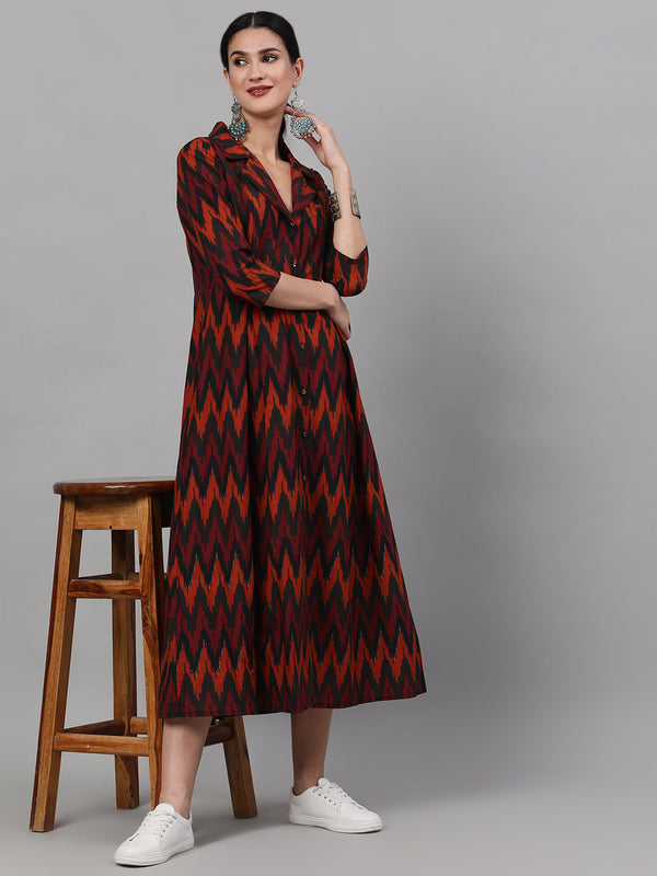 Women's Brown Chevron Print Dress - Aks