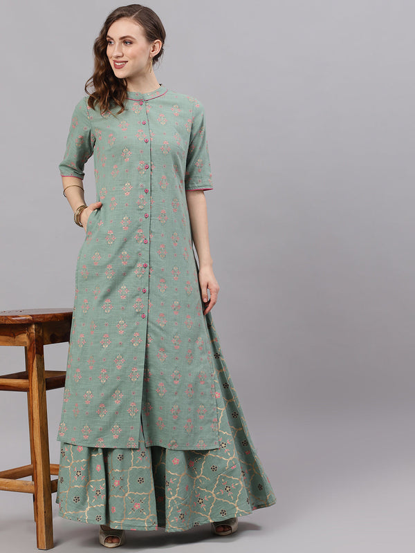 Women's Green Straight Button Down Kurta - Aks