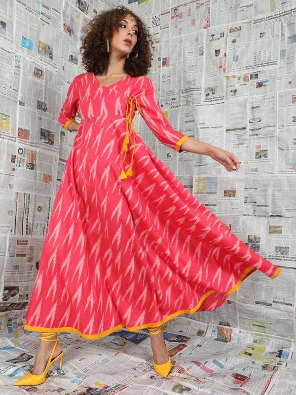 Women's Pink Ikat Design Maxi Dress - Aks