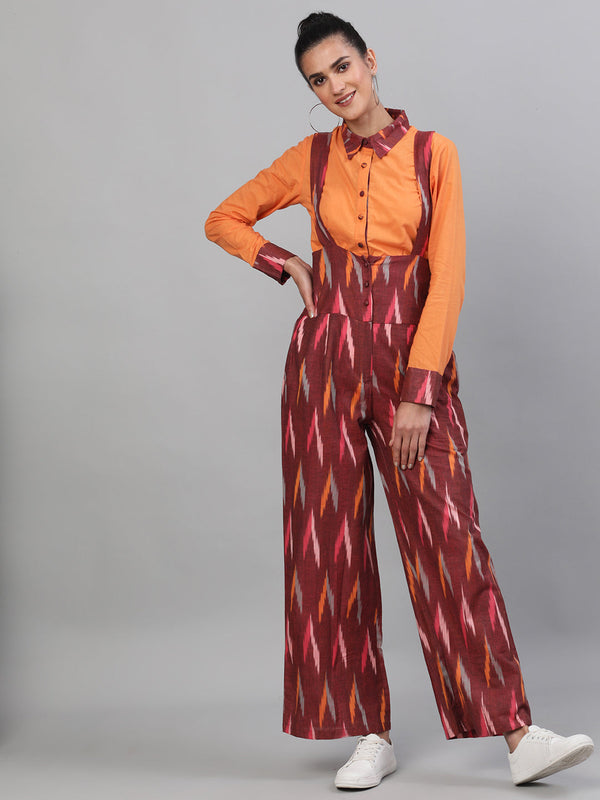 Women's Maroon Ikat Designed Dungaree - Aks