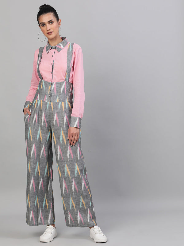 Women's Grey Ikat Designed Dungaree - Aks