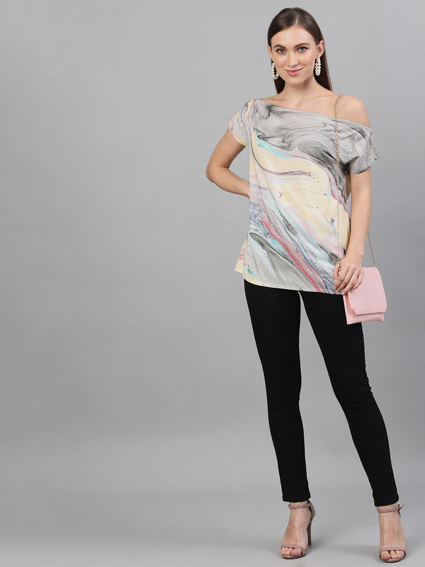 Women's Multicolor Marble Print Off-Shoulder Top - Aks