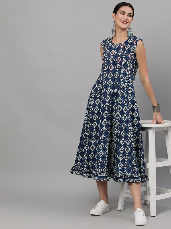 Women's Indigo Printed Midi Dress - Aks