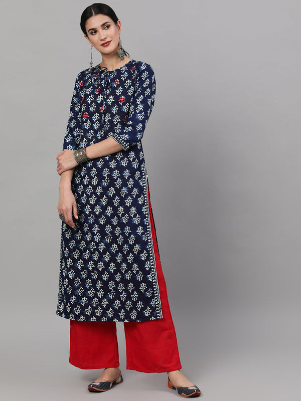 Women's Indigo Printed Kurta With Embroidered Details - Aks