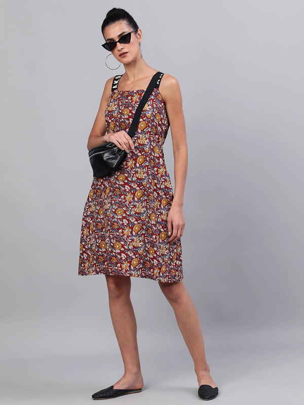 Women's Maroon Floral Print A-Line Dress - Aks