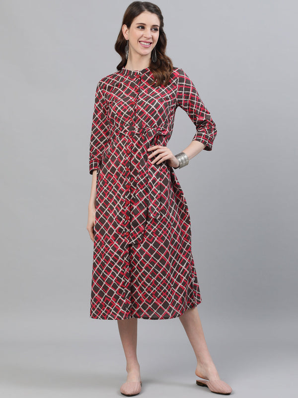 Women's Brown Printed Button Down Midi Dress - Aks