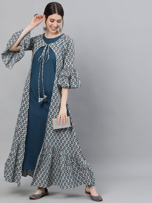 Women's Blue Printed Double Layered Maxi Dress - Aks