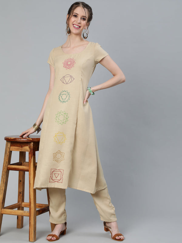 Women's Beige Seven Chakras A-Line Kurta - Aks