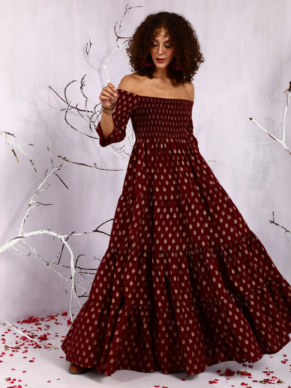 Women's Maroon Off-Shoulder Tiered Maxi Dress - Aks