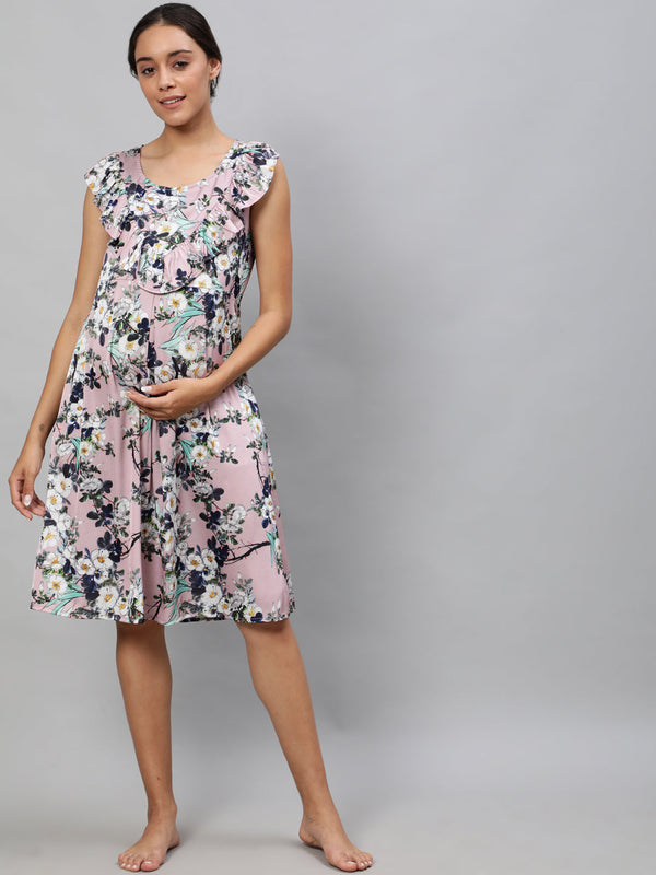 Women's Peach Floral Print Night Dress - Aks