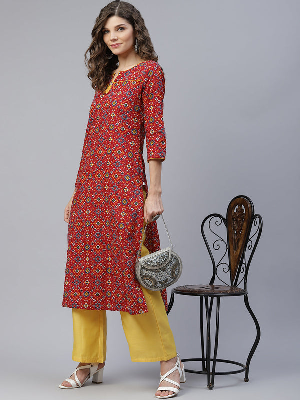 Women's Red Patola Print Straight Kurta - Aks