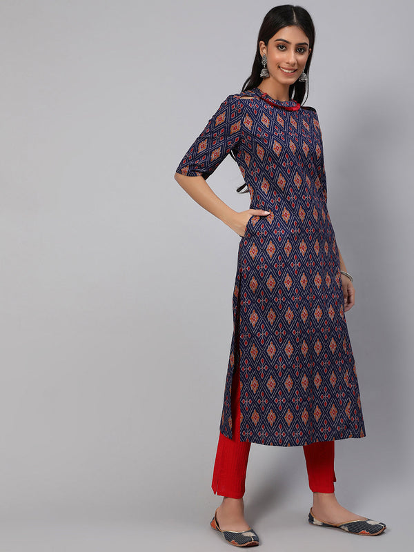 Women's Blue Patola Print Straight Kurta - Aks