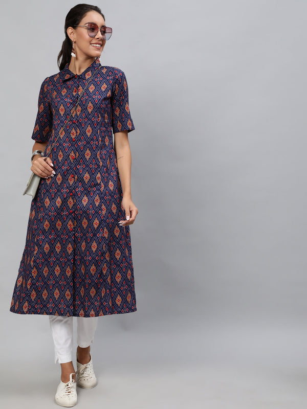 Women's Blue Patola Print A-Line Kurta - Aks