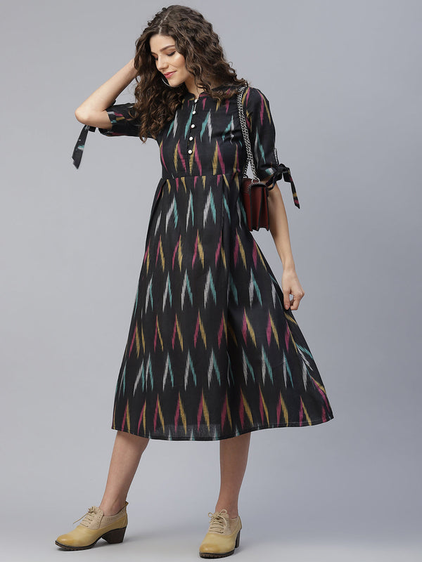 Women's Black Ikat A-Line Midi Dress - Aks