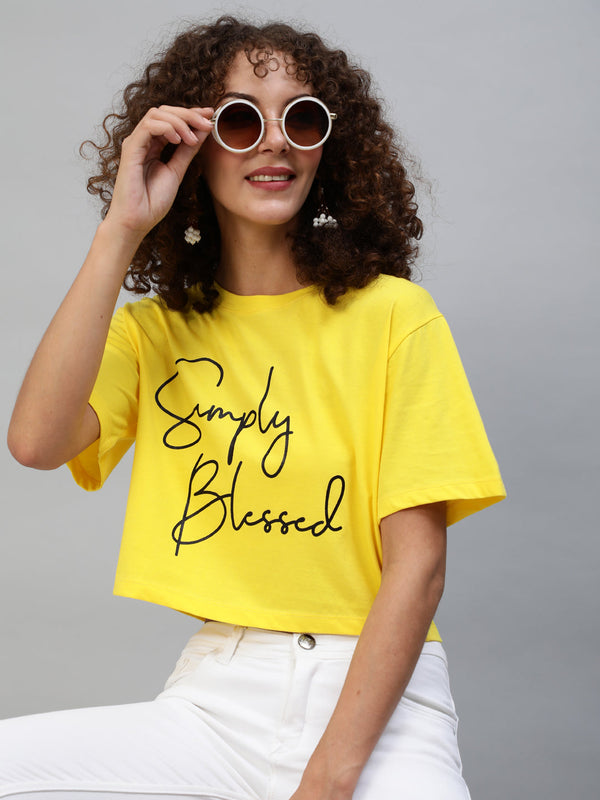 Women's Yellow Printed Crop Top - Aks