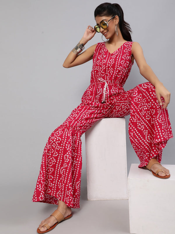 Women's Pink Printed Flared Jumpsuit - Aks