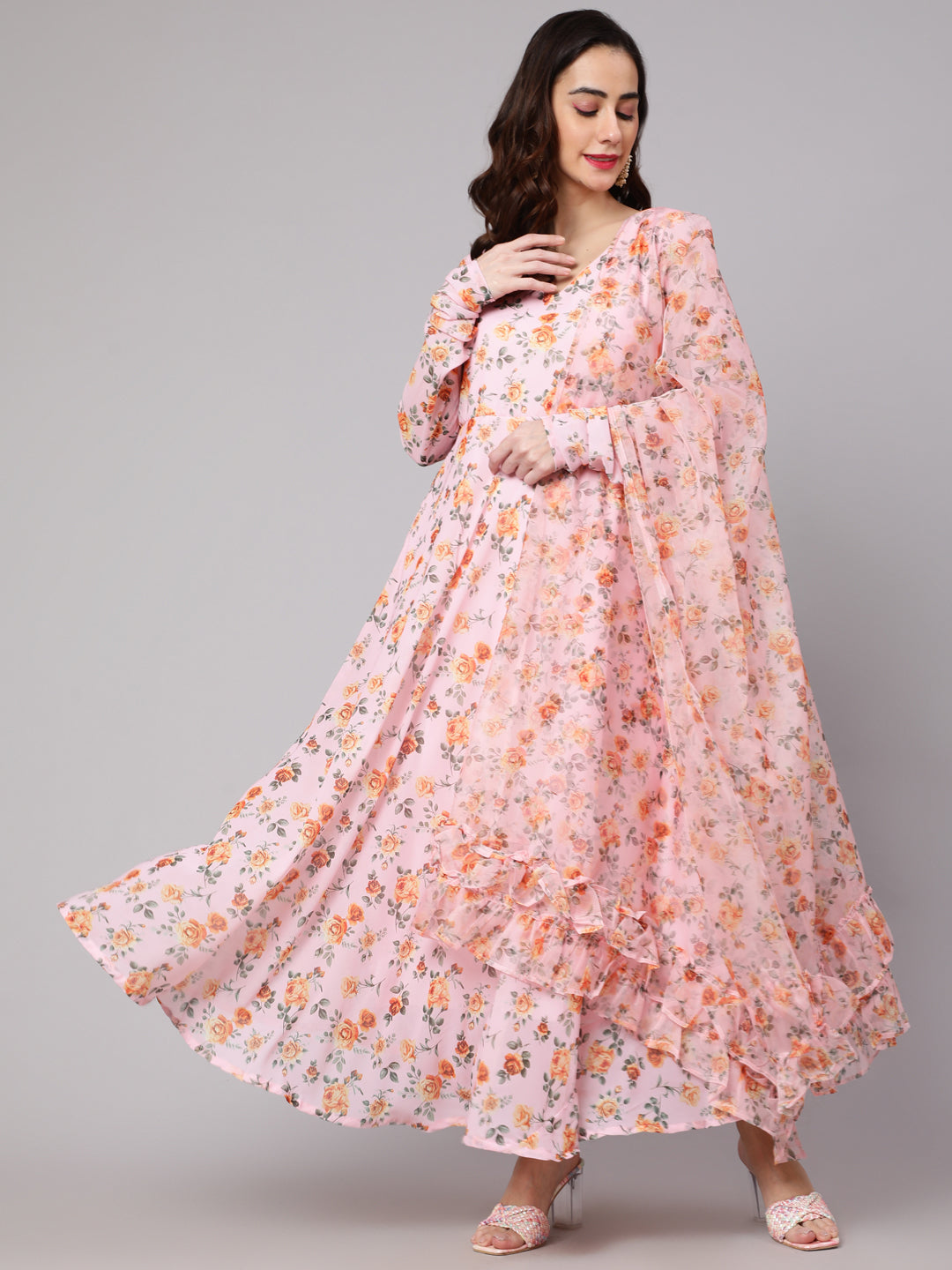 Women's Powder Pink Floral Printed Maxi With Dupatta Set - Aks