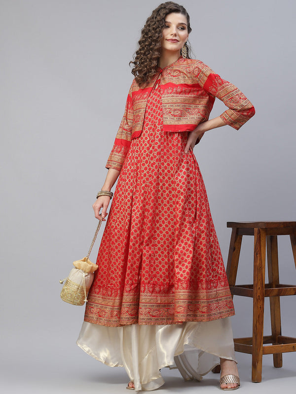 Women's Red Gold Print Anarkali With Jacket - Aks