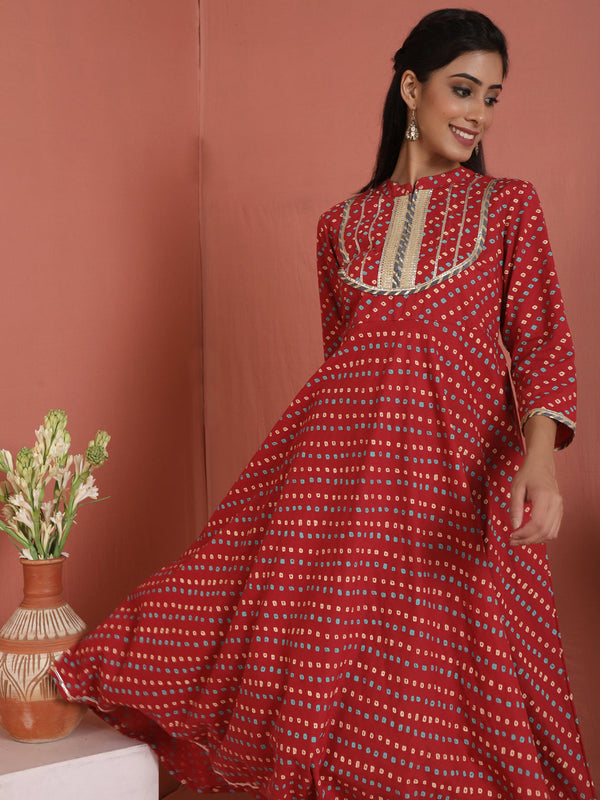 Women's Red Bandhani Print Anarkali - Aks