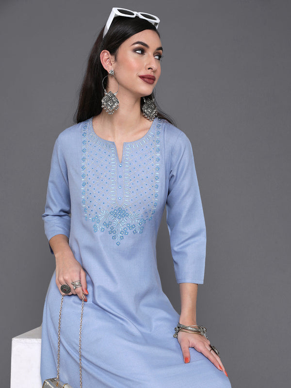 Women's Blue Embroidered A-Line Kurta - Aks