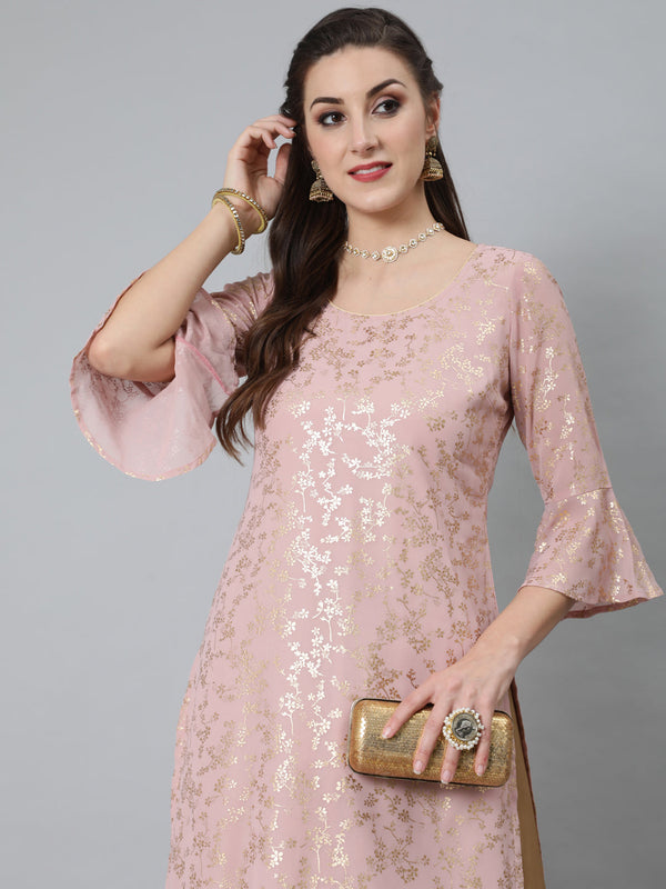 Women's Pink Foil Print Kurta - Aks