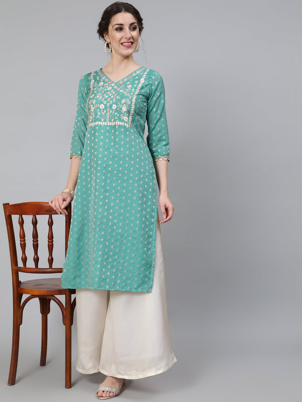 Women's Green Embroidered Kurta - Aks