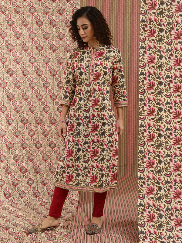 Women's Cream Floral Print Straight Kurta - Aks