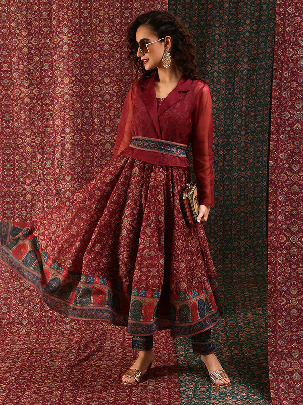 Women's Burgundy Print Anarkali With Jacket - Aks