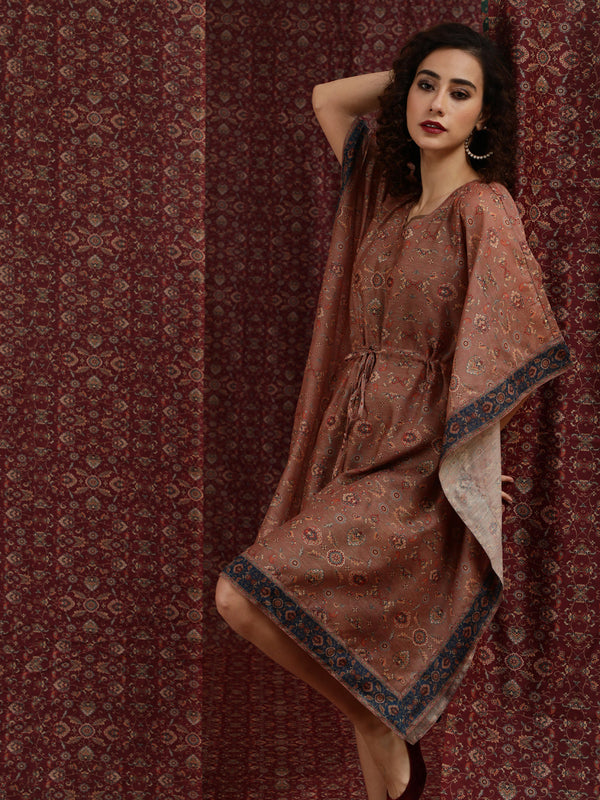 Women's Brown Printed Kaftan Dress - Aks