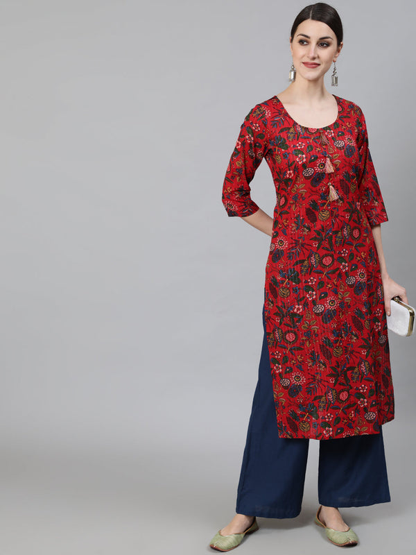 Women's Red Floral Print Kurta - Aks