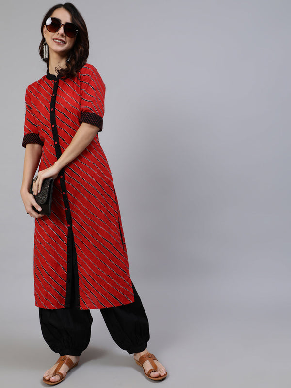 Women's Red Leheriya Print Button Down Kurta - Aks