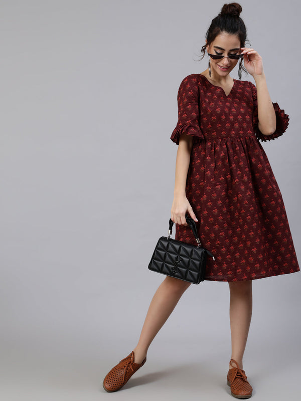 Women's Burgundy Floral Print Gathered Dress - Aks