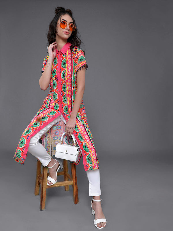 Women's Multicolor Floral Print Button Down Kurta - Aks