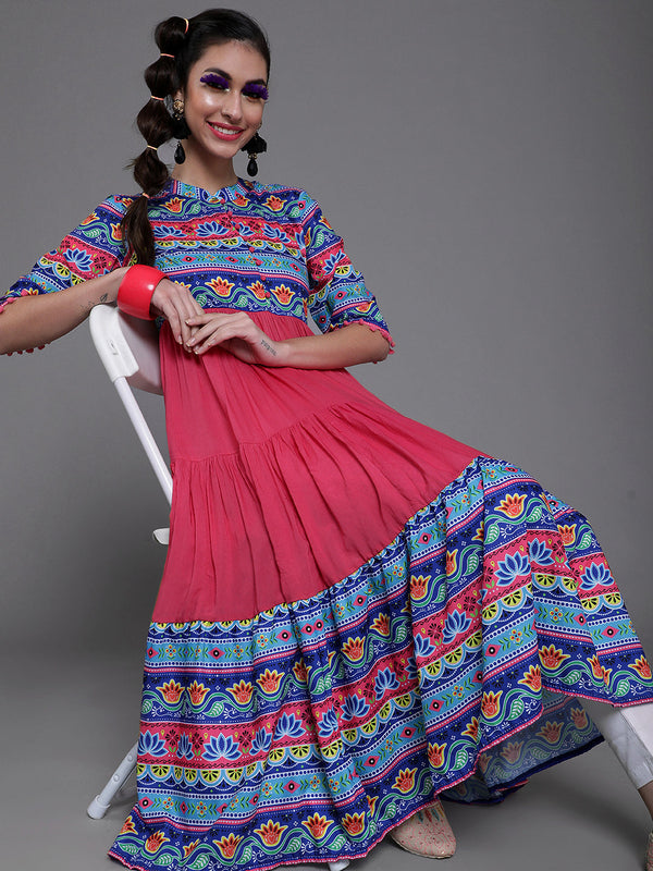 Women's Pink & Blue Floral Print Tiered Anarkali - Aks