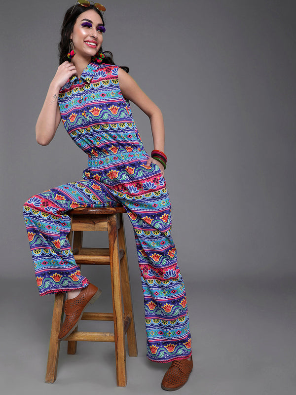 Women's Blue & Pink Floral Print Jumpsuit - Aks