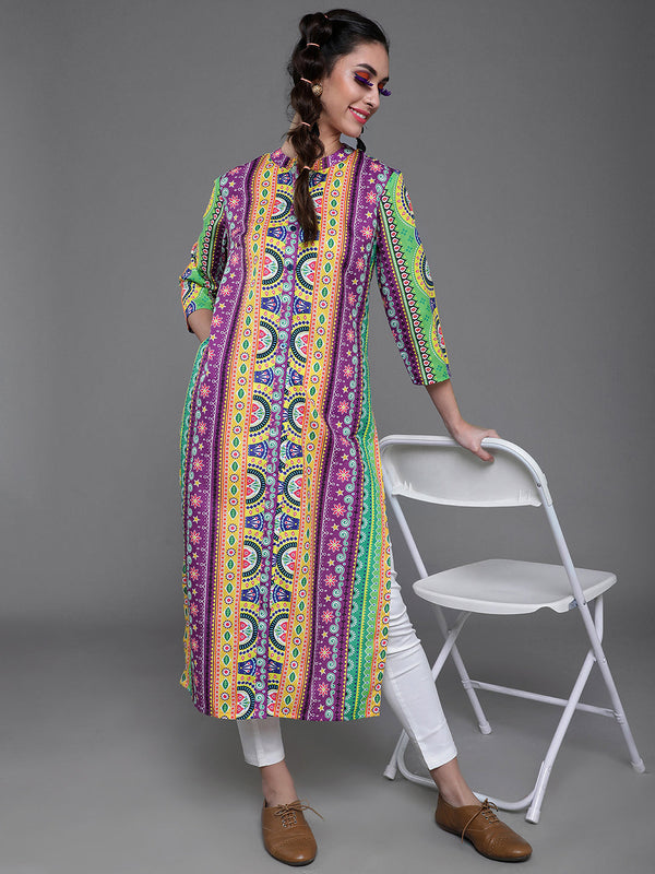 Women's Purple & Yellow Printed Button Down Kurta - Aks