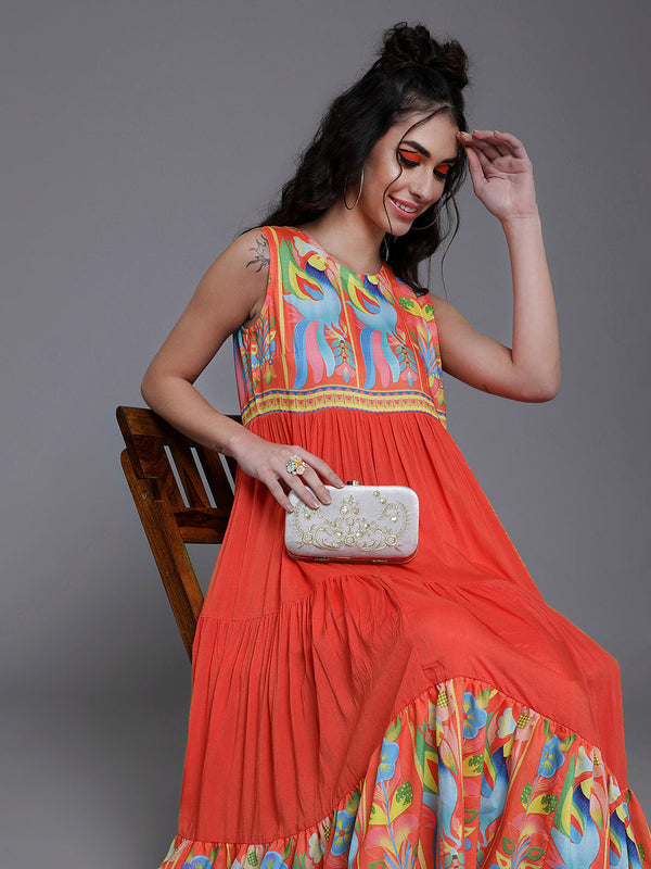 Women's Orange Printed Tiered Anarkali - Aks