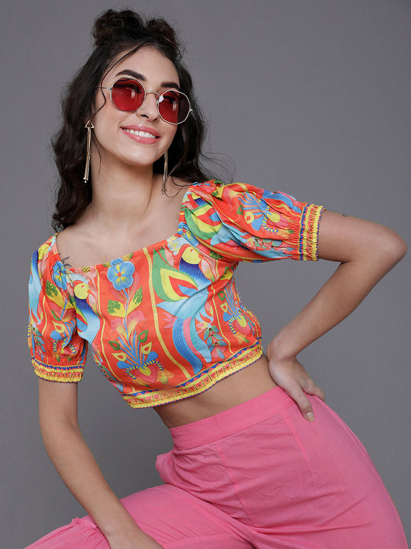 Women's Orange & Blue Printed Crop Top - Aks