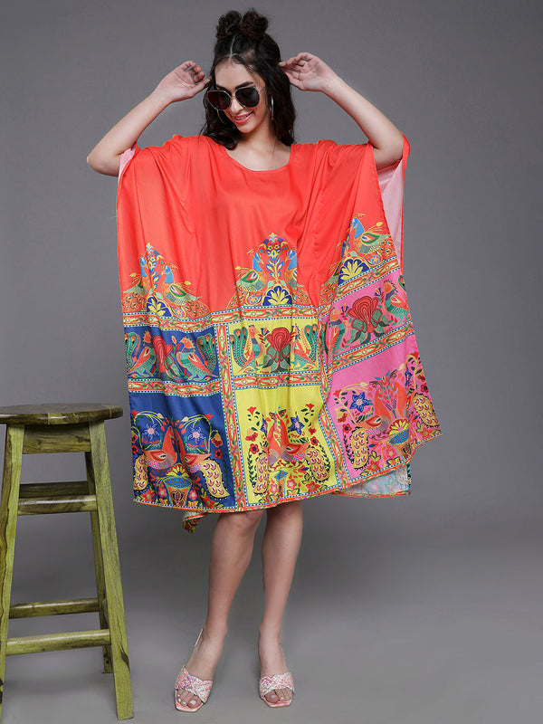 Women's Orange & Yellow Abstract Print Kaftan Dress - Aks