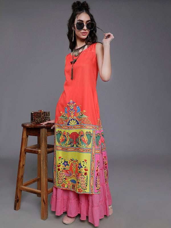 Women's Orange & Yellow Abstract Print Kurta - Aks