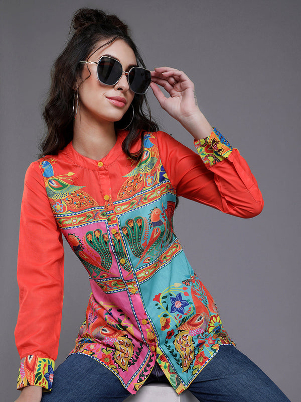 Women's Orange & Pink Abstract Printed Shirt - Aks