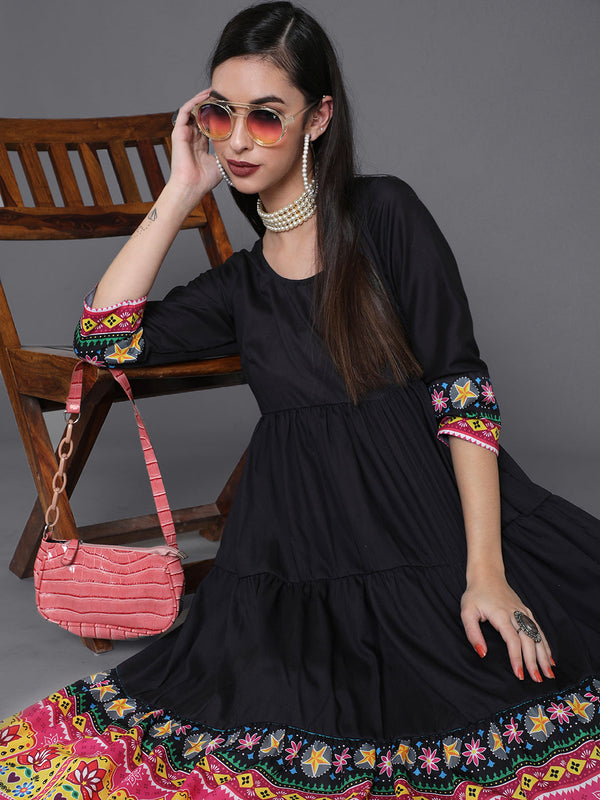 Women's Black Truck Art Muslin Tiered Anarkali - Aks