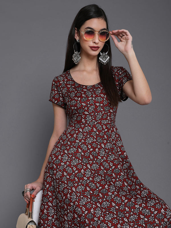 Women's Maroon Floral Print Flared Anarkali - Aks