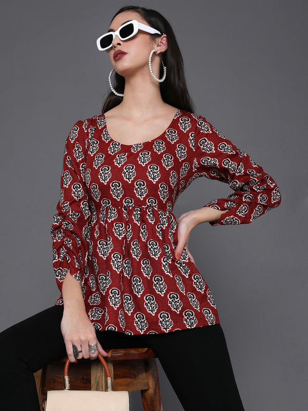 Women's Maroon Floral Print Tunic - Aks