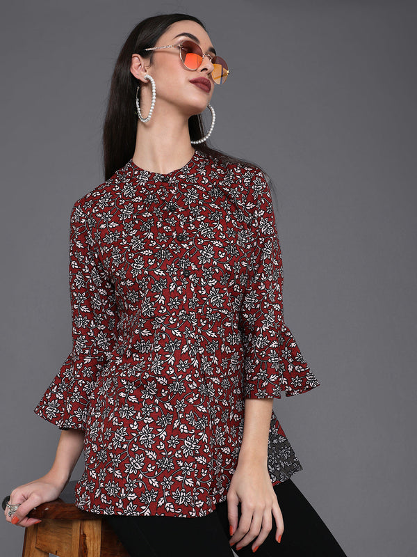 Women's Maroon Floral Print Tunic - Aks